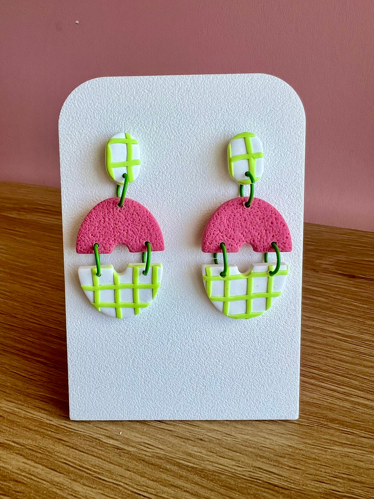 Handcrafted Polymer Clay Earrings Green and Pink
