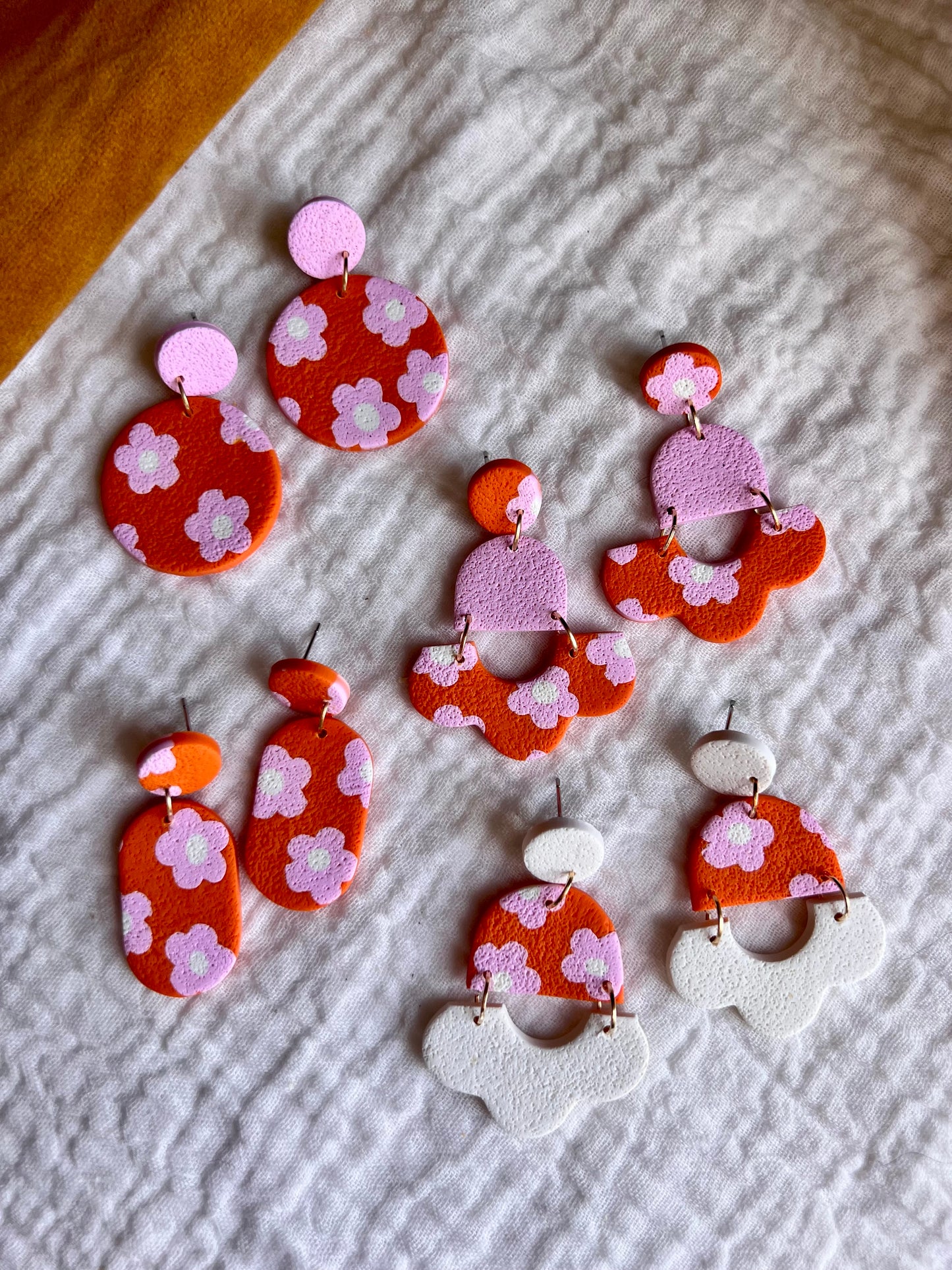 Retro Orange and Pink Flower Dangle Earrings
