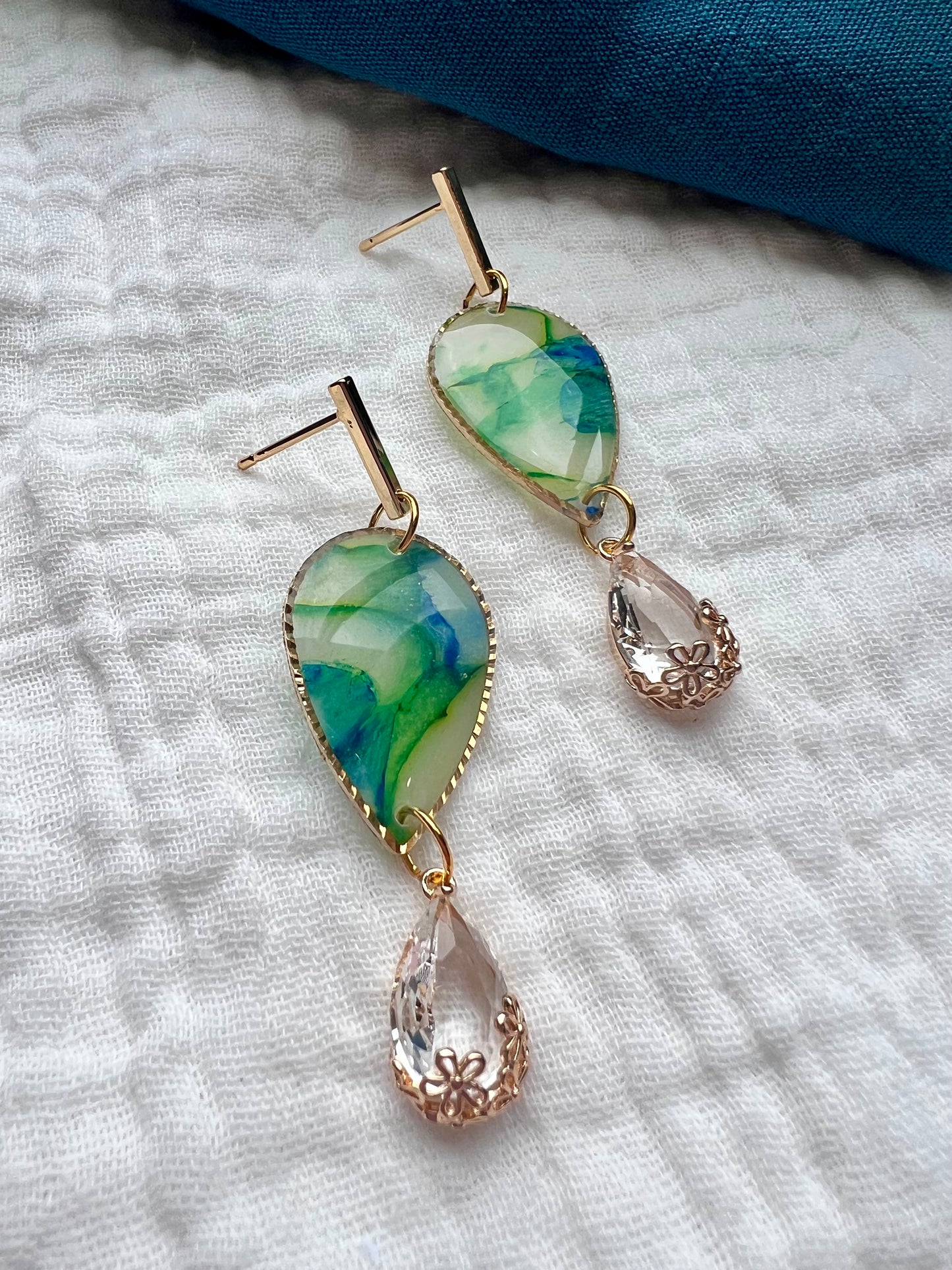 Dark Blue and Green Quartz Translucent Dangle Earrings