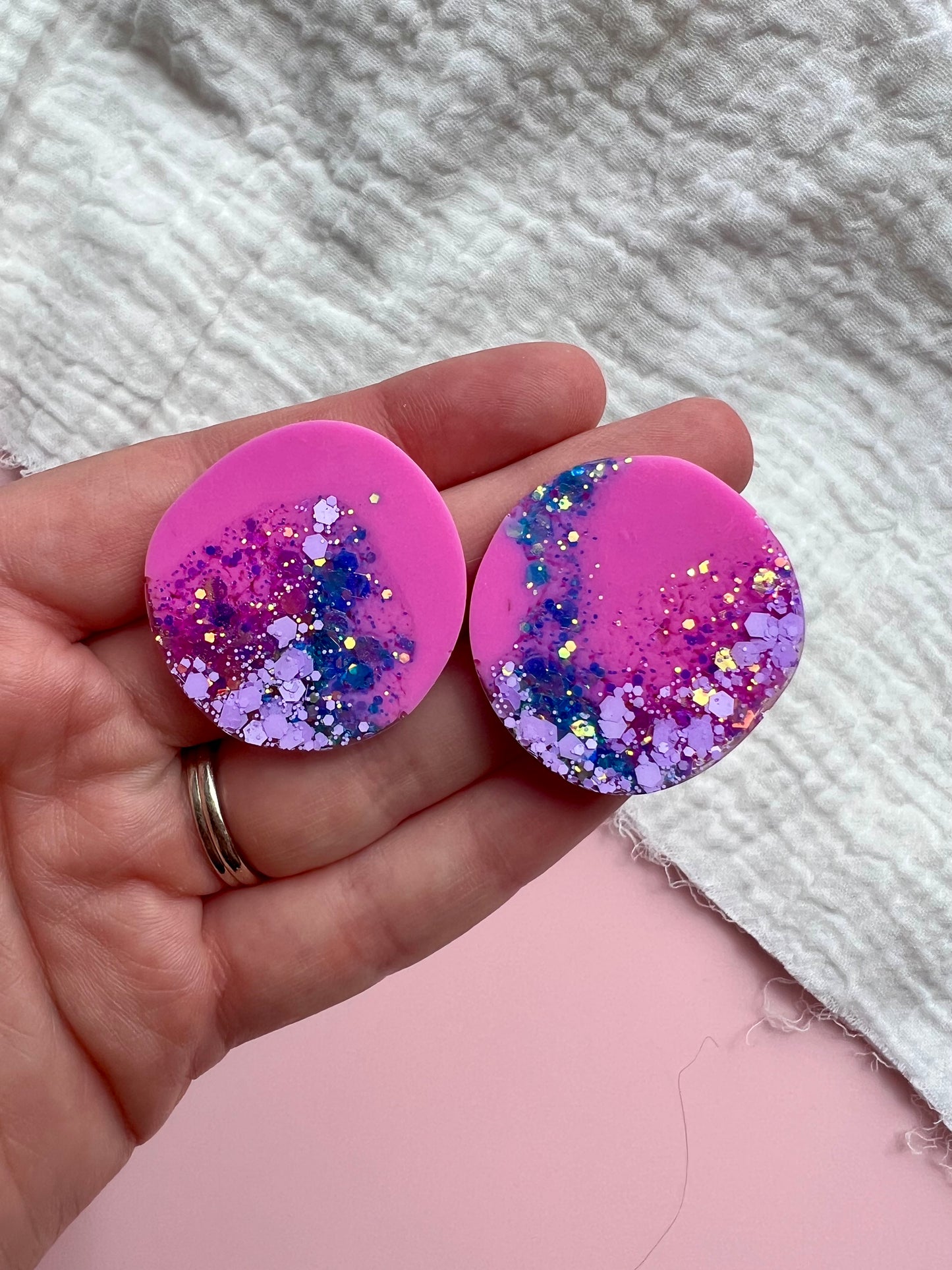 Hot Pink and Blue Glitter Organic Large Resin Stud Earrings