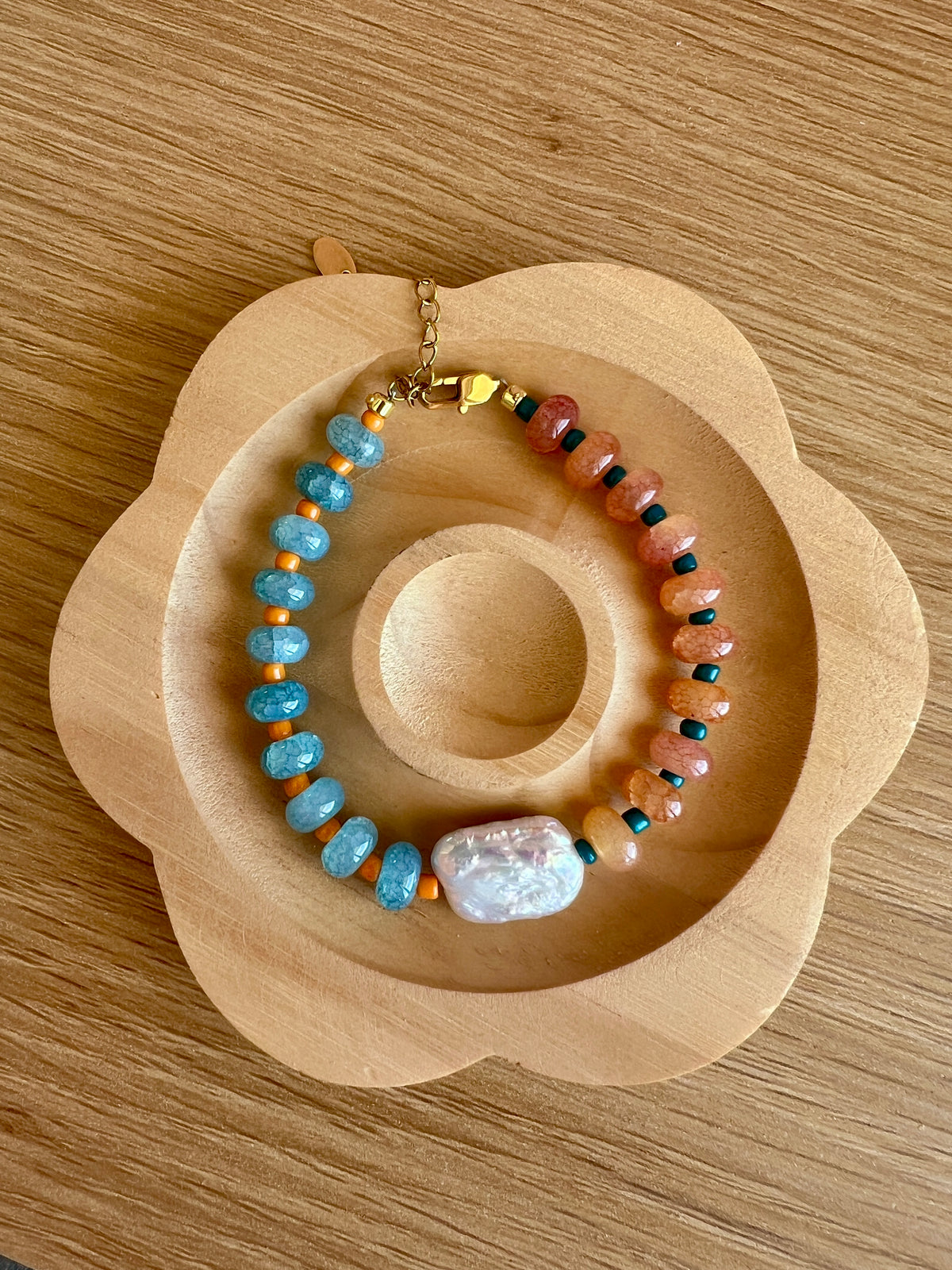 Orange, Blue and Pearl Beaded Bracelet
