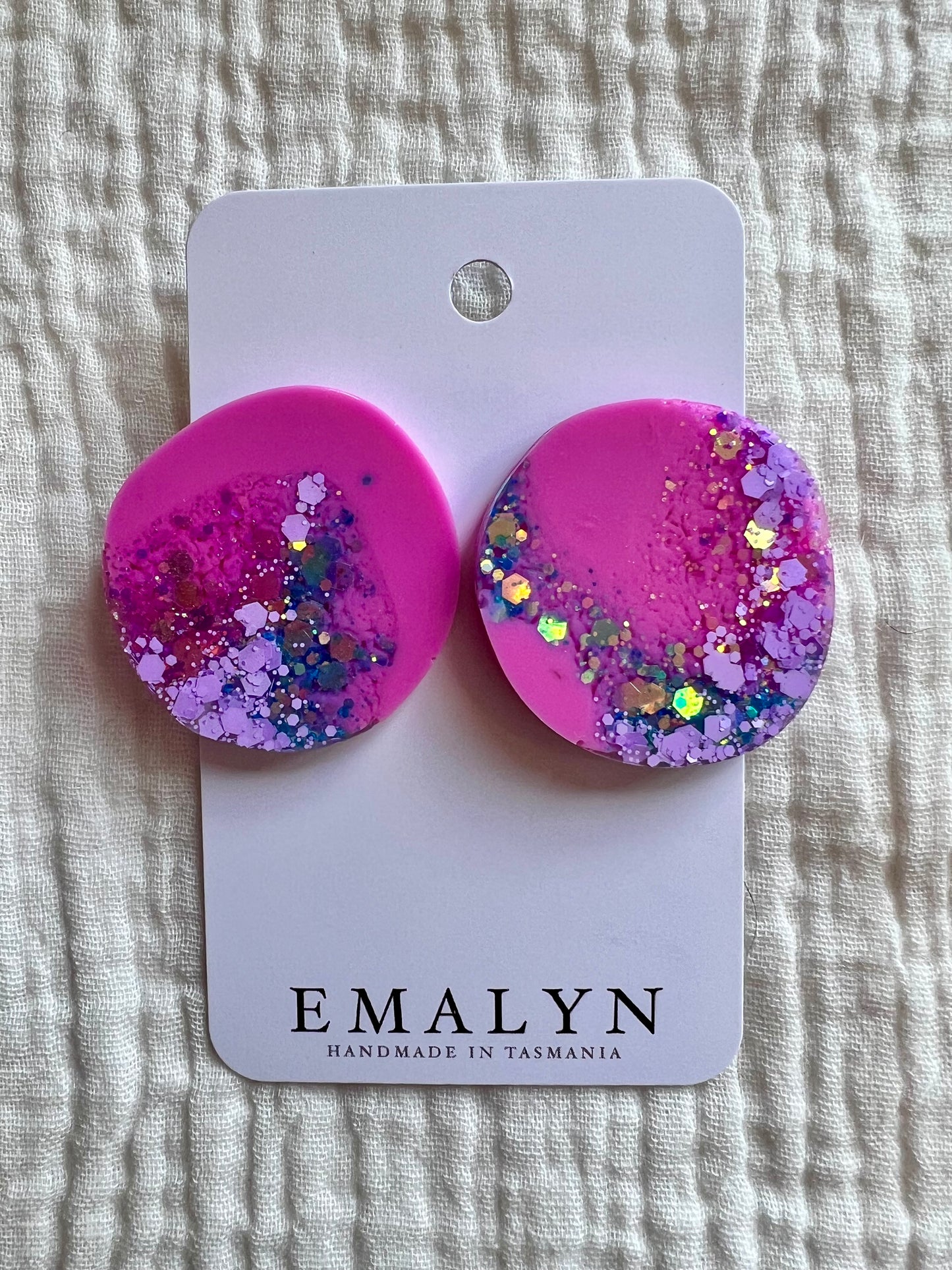 Hot Pink and Blue Glitter Organic Large Resin Stud Earrings